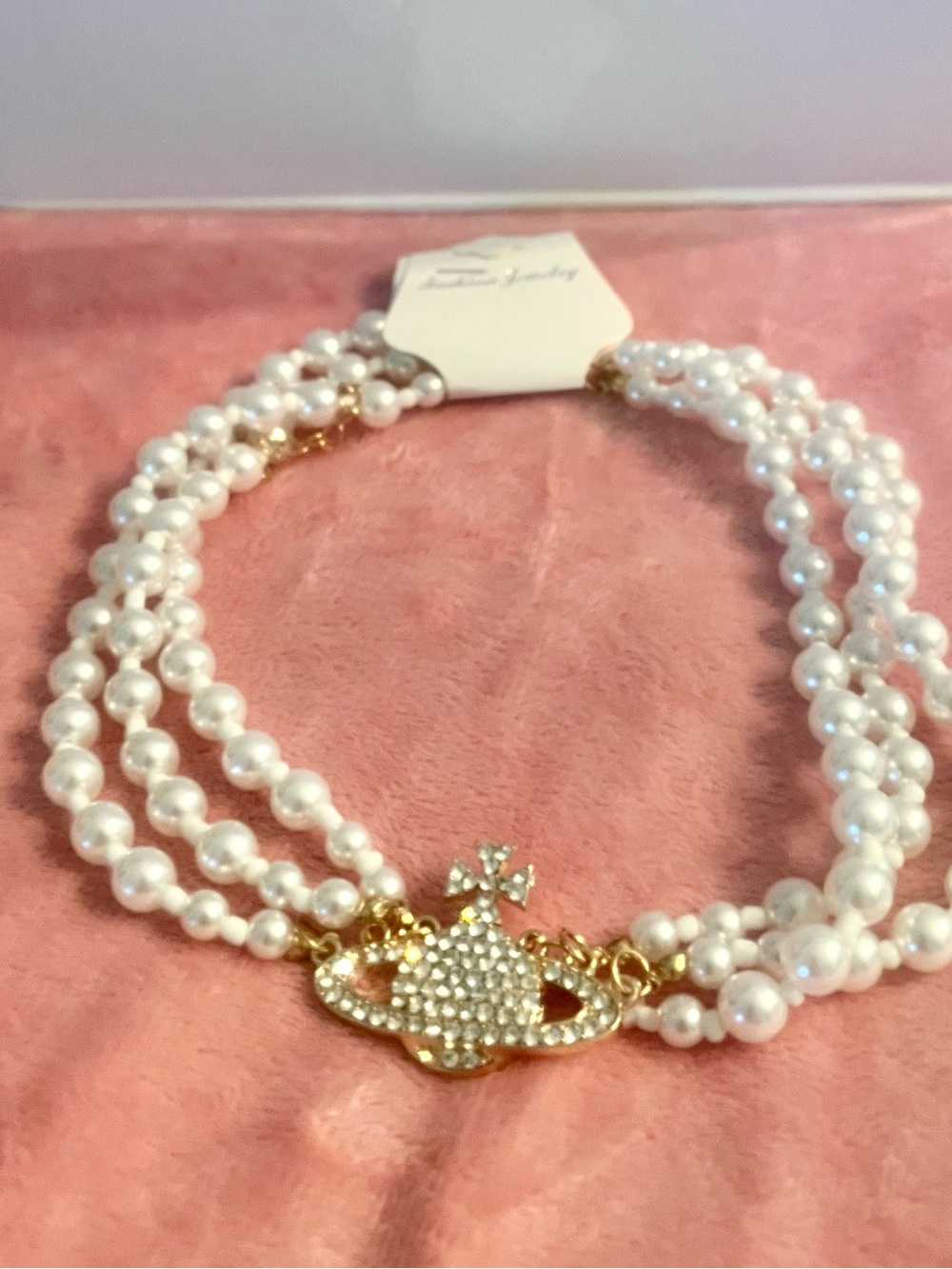 Fashion Jewelry White Triple-Strand Pearl Necklace with Gold Orb Charm